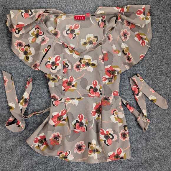 Elle Floral belted peplum blouse with flutter sleeves - Picture 1 of 8
